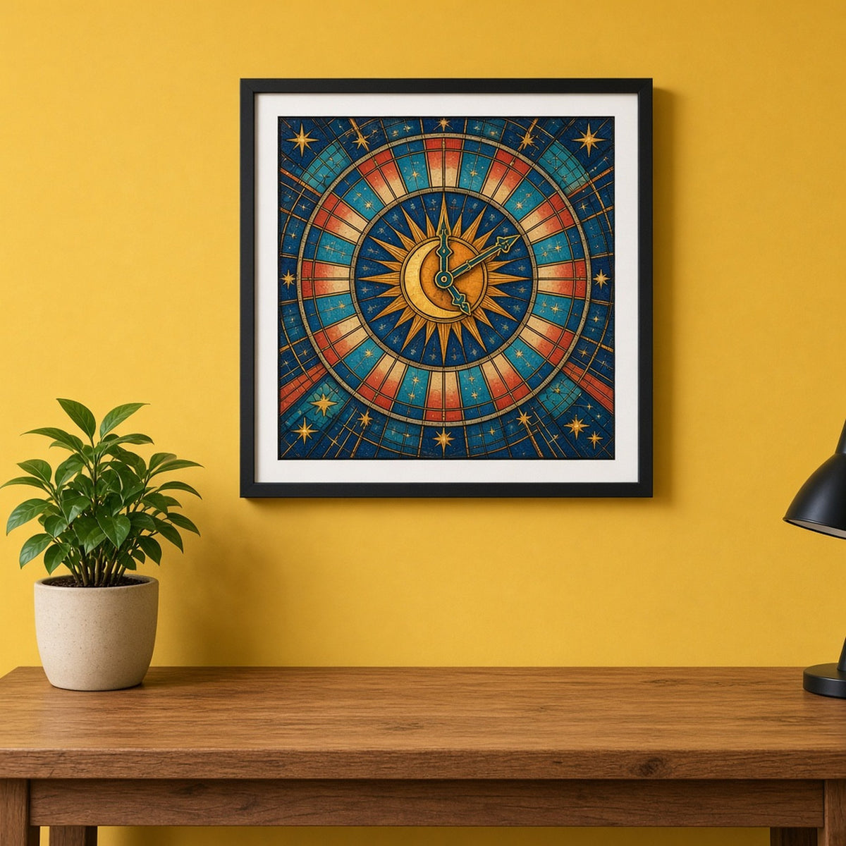 Art Deco stained-glass celestial clock face without numbers, with a sun and crescent moon centre, two hands and coral and teal ray segments among stars shown as a flat framed print above a desk, made with prompt #9
