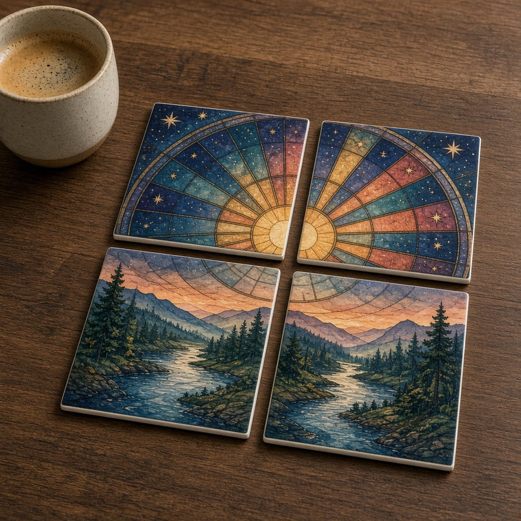 Rose-window stained-glass celestial dial of radiating starry segments rising above a pine-lined river valley at dusk printed flat on a set of four coasters, made with prompt #47