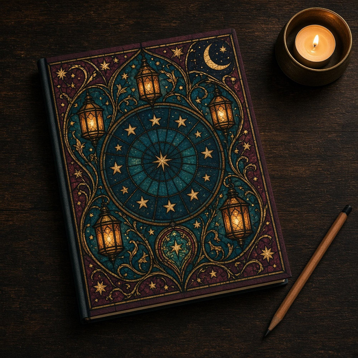 Arts and Crafts stained-glass star-marked celestial dial without numbers ringed by glowing lanterns, vines and a crescent moon on teal and plum printed flat on a notebook cover, made with prompt #84