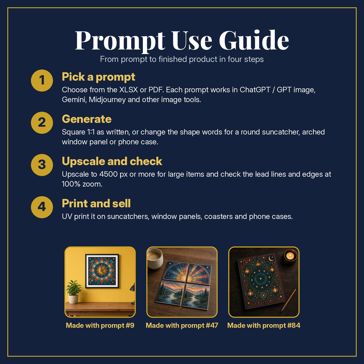 Prompt Use Guide for the Celestial Clocks Stained Glass Prompt Pack: pick a prompt, generate, upscale and check, print and sell, with sample products made with the pack's prompts