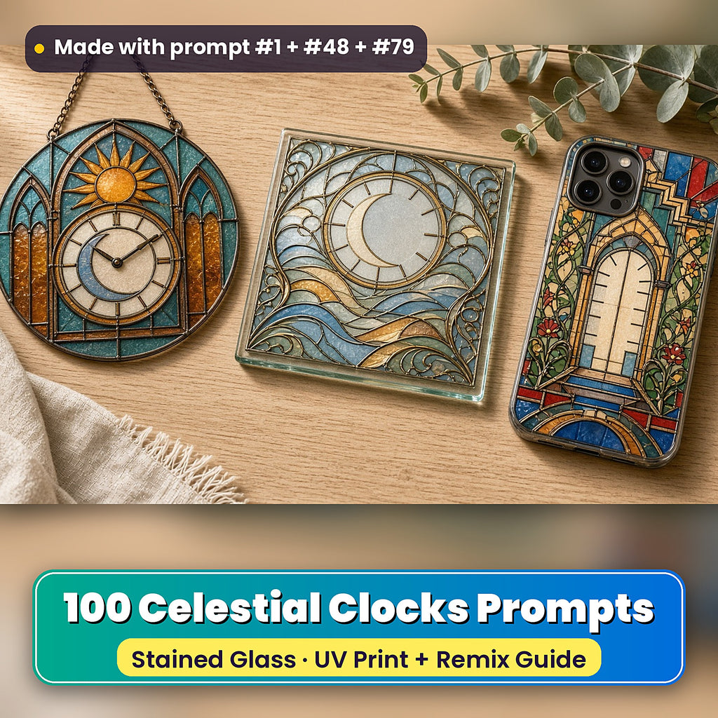 Celestial Clocks stained glass prompt pack: UV-printed suncatcher, coaster and phone case set mockup, made with prompt #1 + #48 + #79