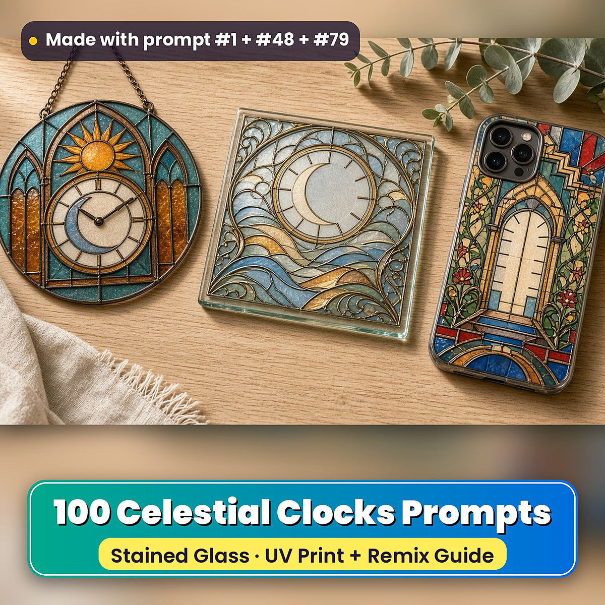 Celestial Clocks stained glass prompt pack: UV-printed suncatcher, coaster and phone case set mockup, made with prompt #1 + #48 + #79