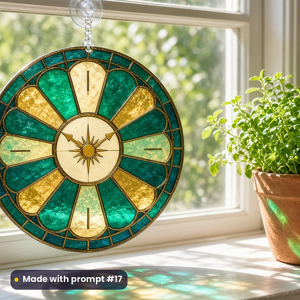 Celestial Clocks stained glass prompt pack: UV-printed acrylic suncatcher in a window mockup, made with prompt #17