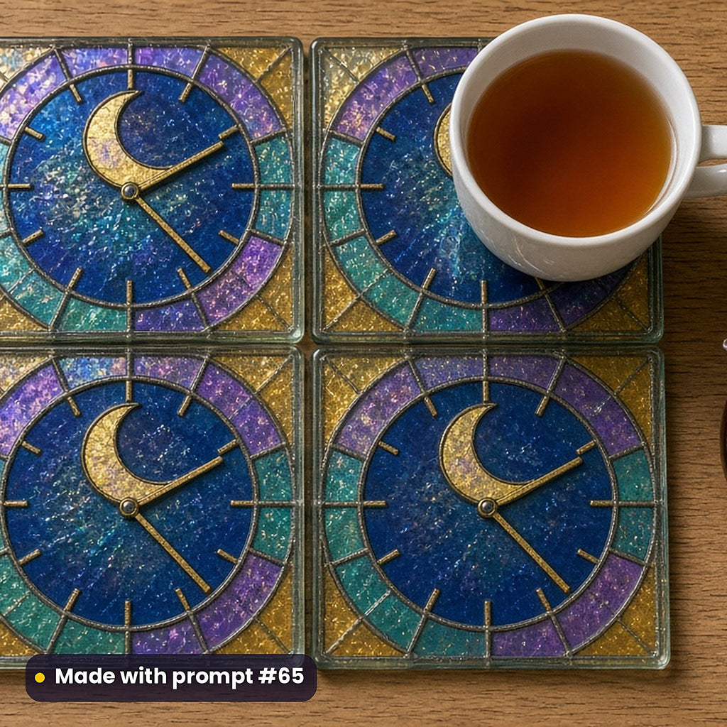 Celestial Clocks stained glass prompt pack: set of UV-printed glass coasters mockup, made with prompt #65
