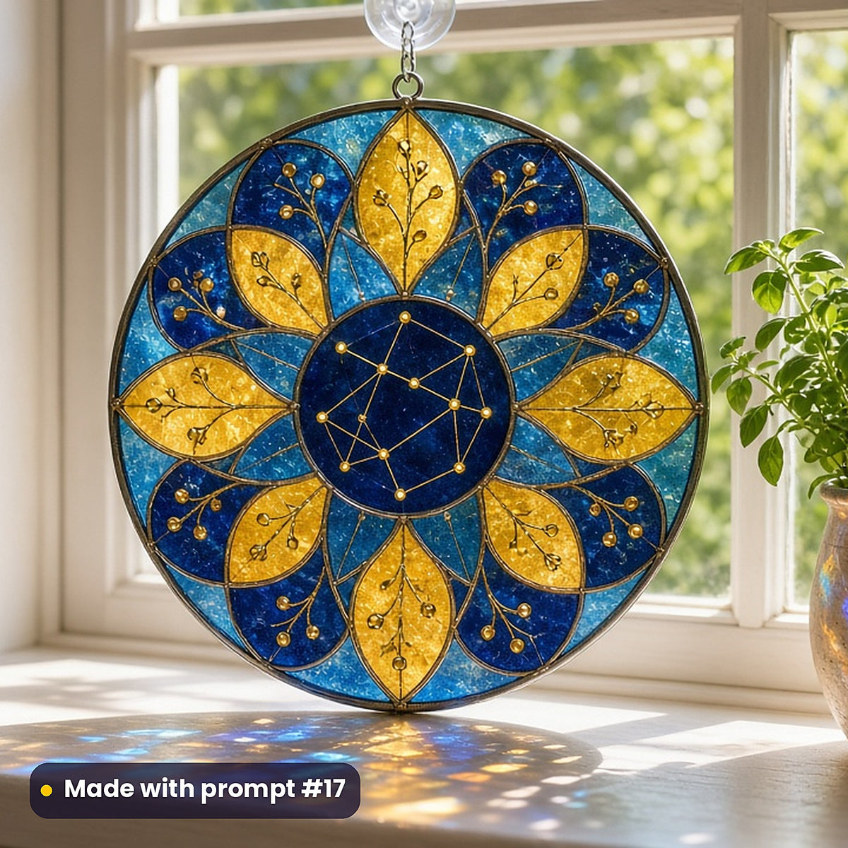 Star Maps stained glass prompt pack: UV-printed acrylic suncatcher in a window mockup, made with prompt #17