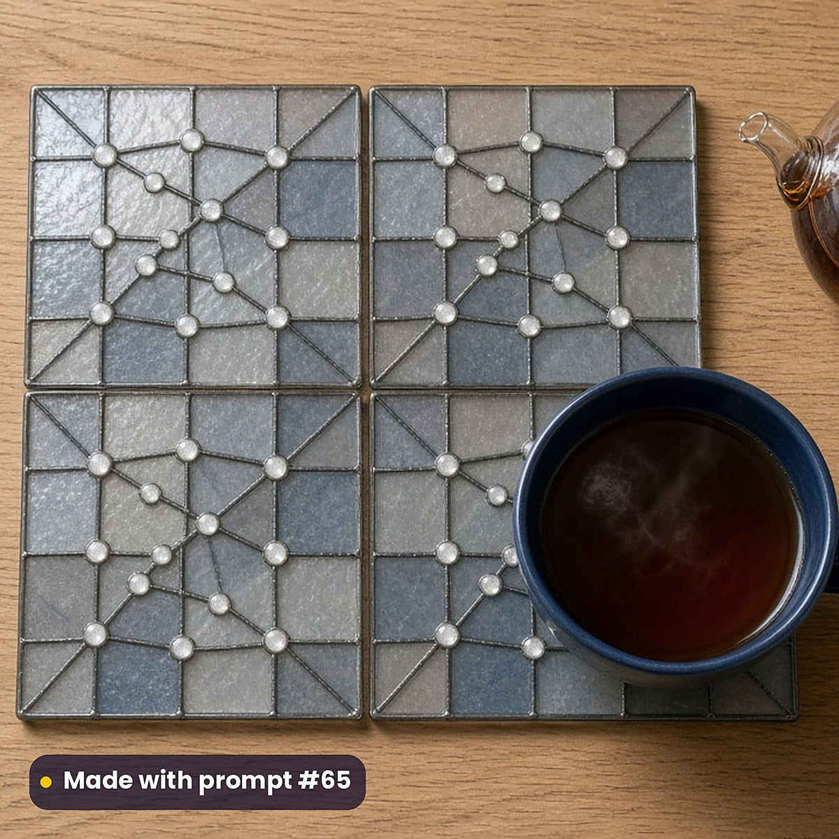 Star Maps stained glass prompt pack: set of UV-printed glass coasters mockup, made with prompt #65