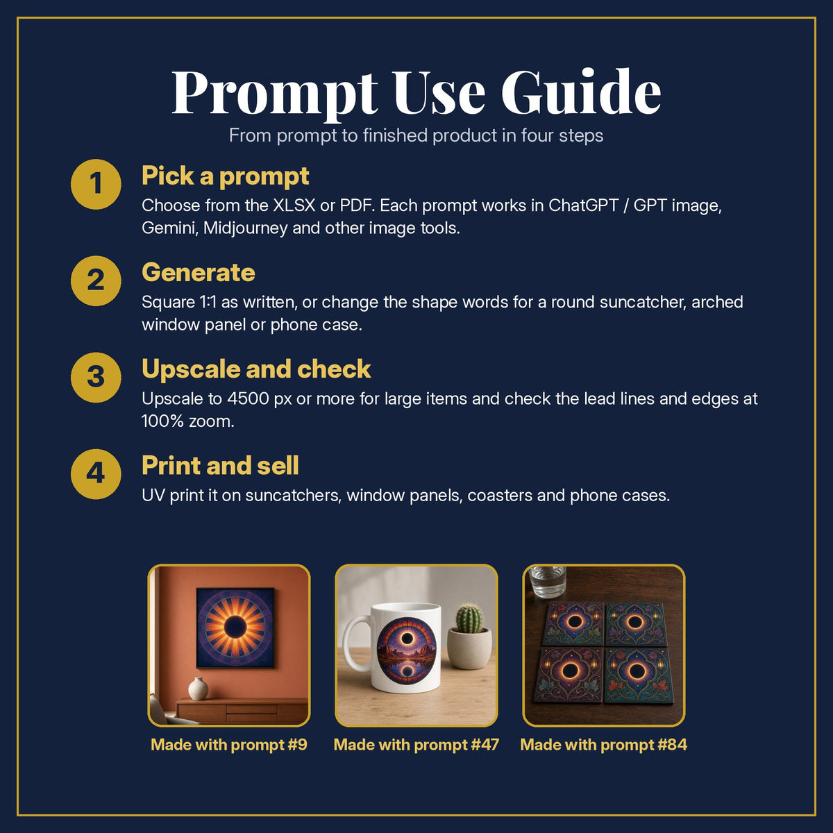 Prompt Use Guide for the Eclipse Scenes Stained Glass Prompt Pack: pick a prompt, generate, upscale and check, print and sell, with sample products made with the pack's prompts