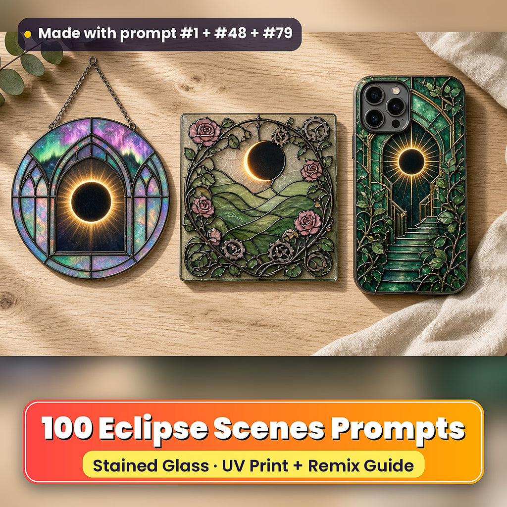 Eclipse Scenes stained glass prompt pack: UV-printed suncatcher, coaster and phone case set mockup, made with prompt #1 + #48 + #79