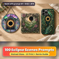 Eclipse Scenes stained glass prompt pack: UV-printed suncatcher, coaster and phone case set mockup, made with prompt #1 + #48 + #79