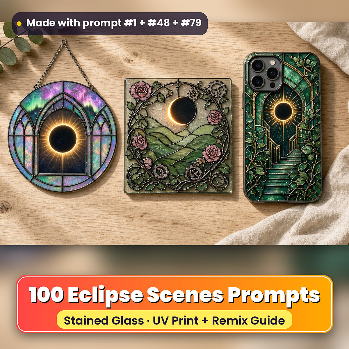 Eclipse Scenes stained glass prompt pack: UV-printed suncatcher, coaster and phone case set mockup, made with prompt #1 + #48 + #79