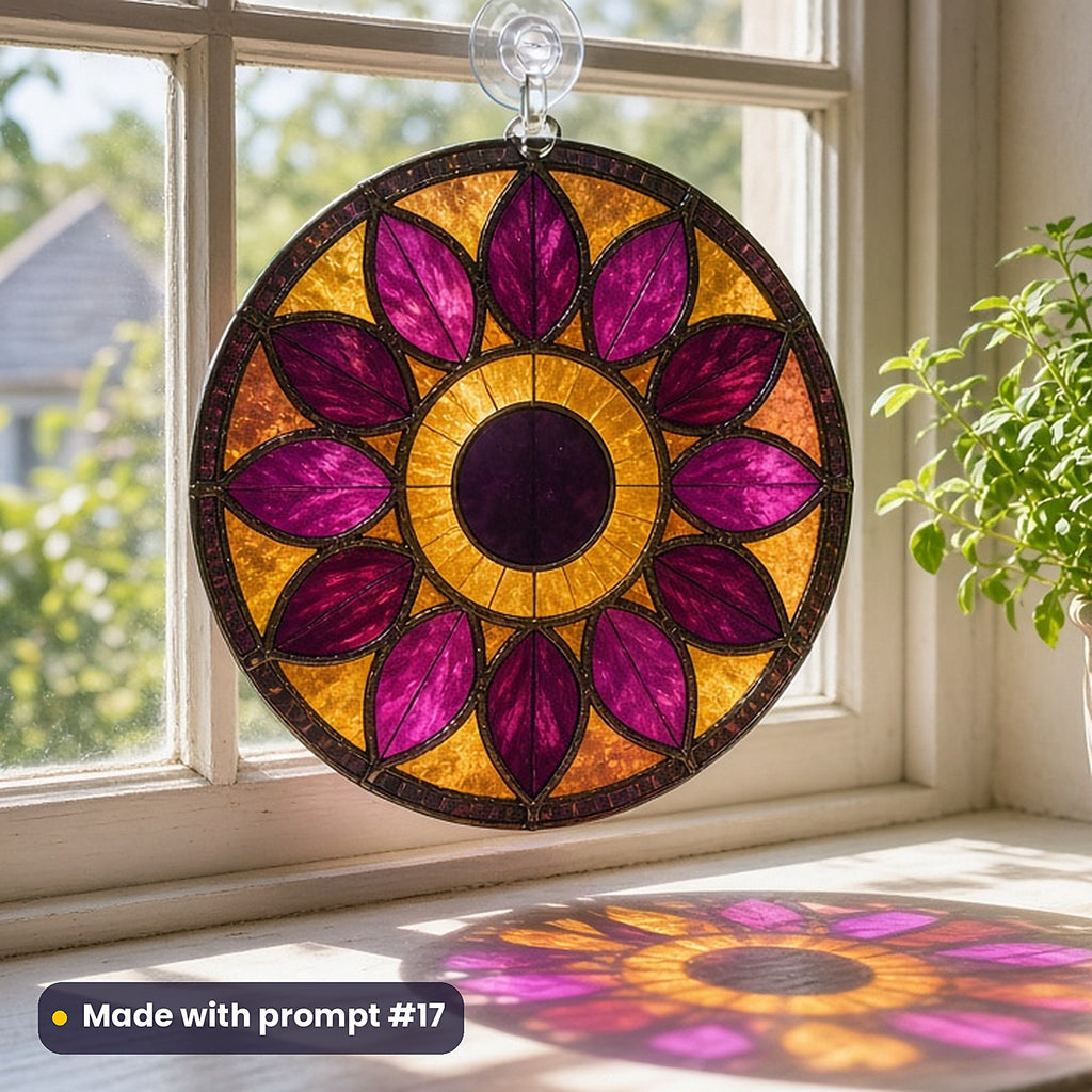 Eclipse Scenes stained glass prompt pack: UV-printed acrylic suncatcher in a window mockup, made with prompt #17