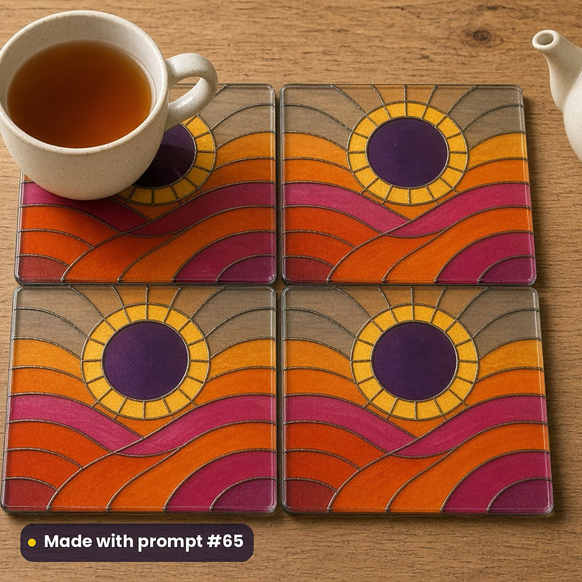 Eclipse Scenes stained glass prompt pack: set of UV-printed glass coasters mockup, made with prompt #65