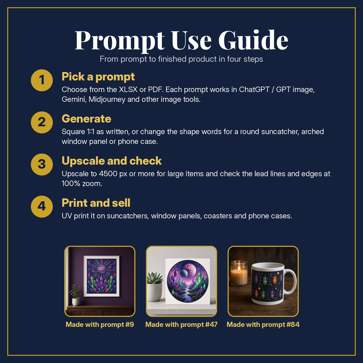 Prompt Use Guide for the Planets and Crystals Stained Glass Prompt Pack: pick a prompt, generate, upscale and check, print and sell, with sample products made with the pack's prompts