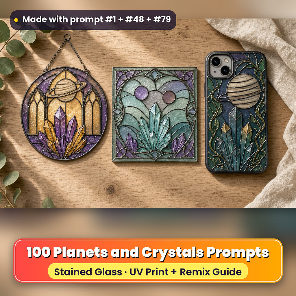 Planets and Crystals stained glass prompt pack: UV-printed suncatcher, coaster and phone case set mockup, made with prompt #1 + #48 + #79