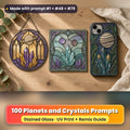 Planets and Crystals stained glass prompt pack: UV-printed suncatcher, coaster and phone case set mockup, made with prompt #1 + #48 + #79