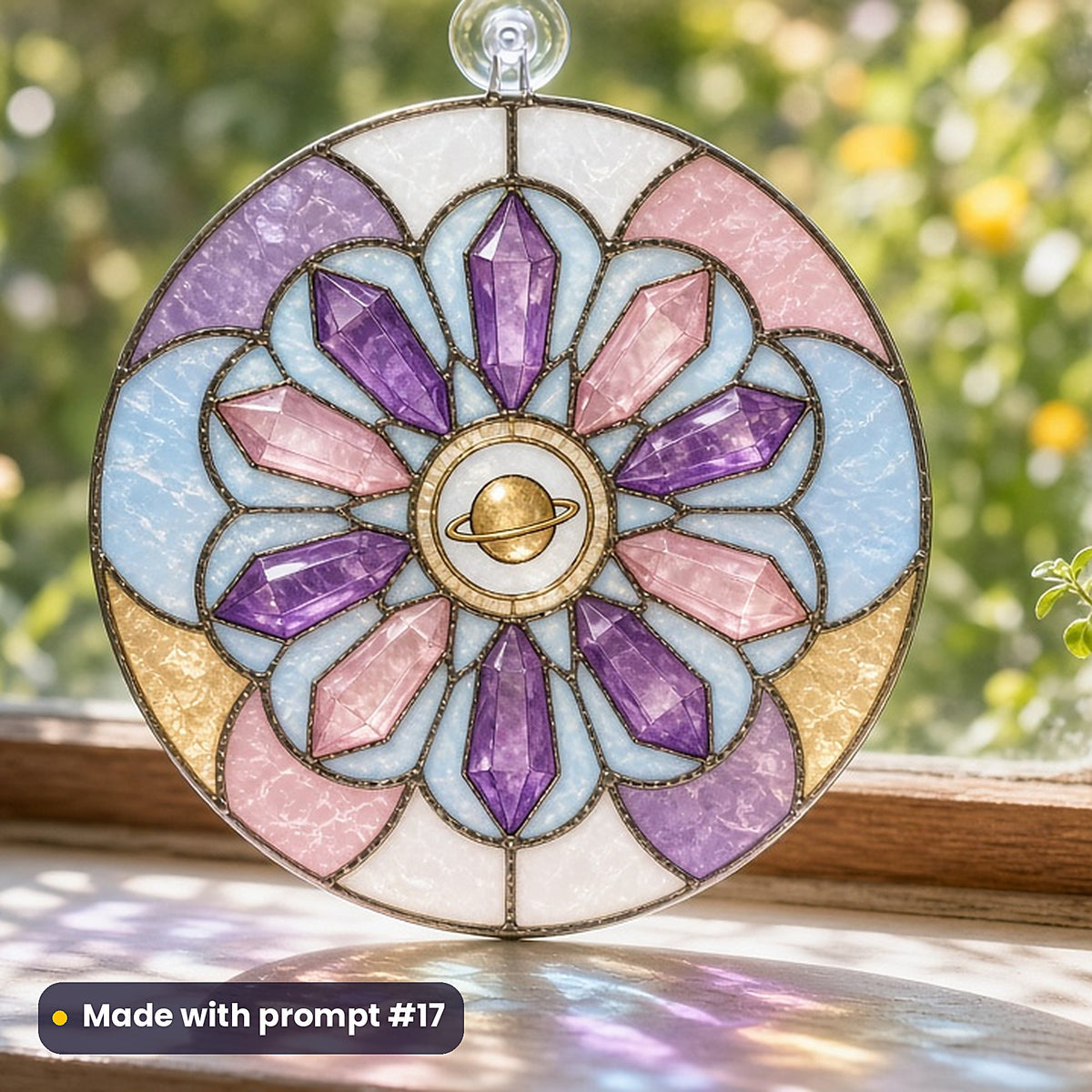 Planets and Crystals stained glass prompt pack: UV-printed acrylic suncatcher in a window mockup, made with prompt #17