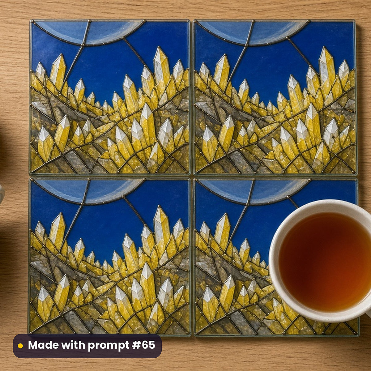 Planets and Crystals stained glass prompt pack: set of UV-printed glass coasters mockup, made with prompt #65