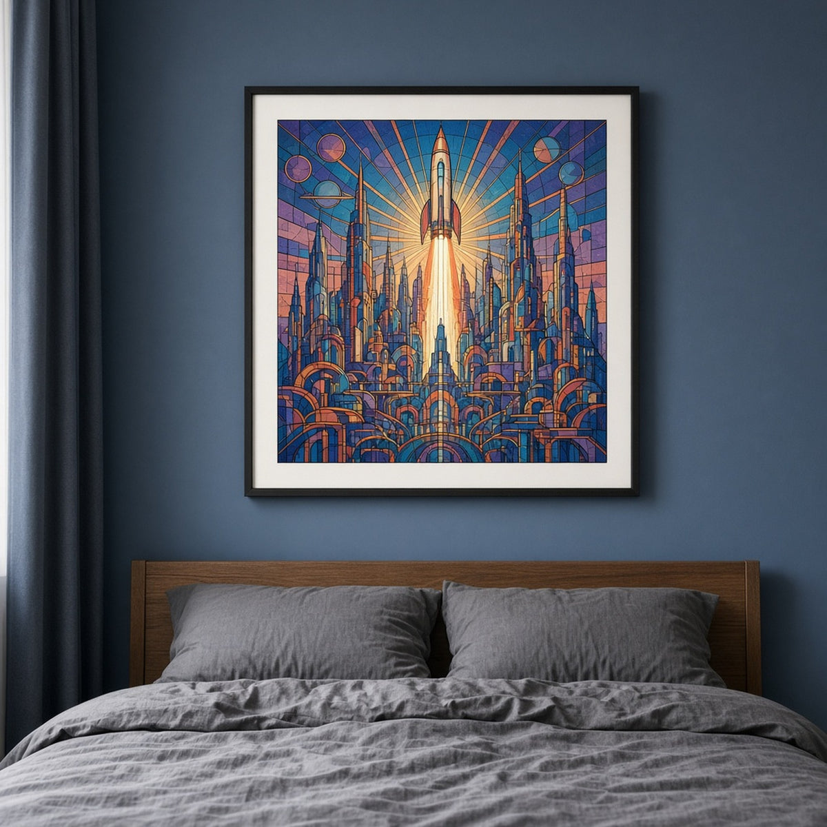 Art Deco stained-glass rocket launching from the centre of an invented spired futuristic city with sunburst rays and planets shown as a flat framed print above a bed, made with prompt #9