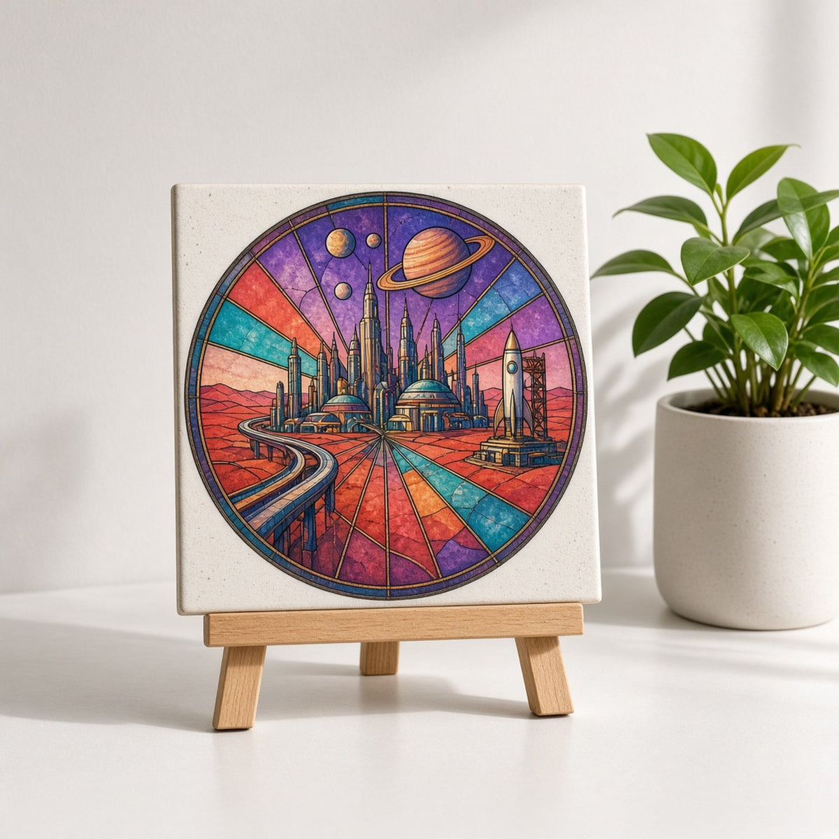Rose-window stained-glass futuristic city of slender towers and domes with a monorail and a rocket on its launch pad on a red plain under a ringed planet printed flat on a ceramic tile, made with prompt #47