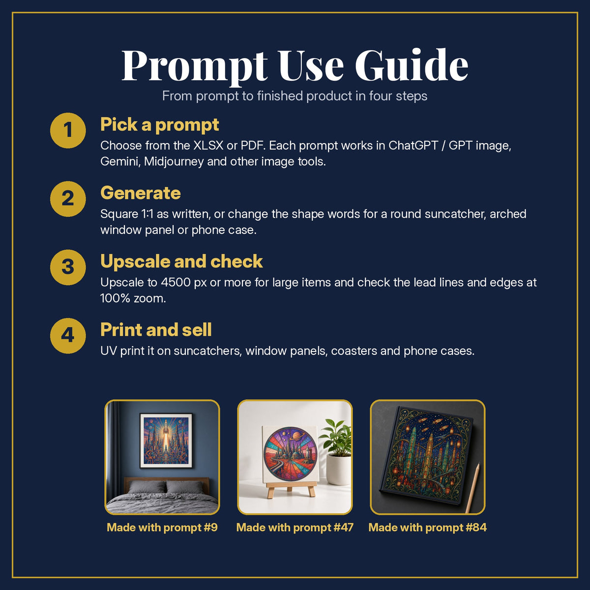 Prompt Use Guide for the Astronauts and Futuristic Cities Stained Glass Prompt Pack: pick a prompt, generate, upscale and check, print and sell, with sample products made with the pack's prompts