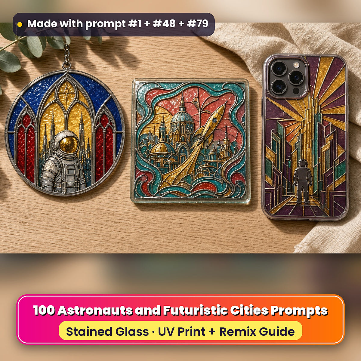 Astronauts and Futuristic Cities stained glass prompt pack: UV-printed suncatcher, coaster and phone case set mockup, made with prompt #1 + #48 + #79