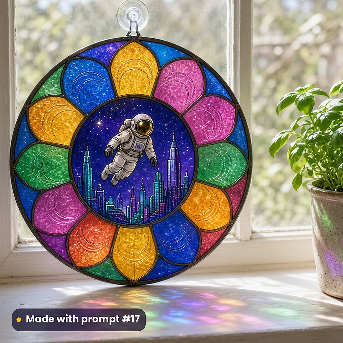 Astronauts and Futuristic Cities stained glass prompt pack: UV-printed acrylic suncatcher in a window mockup, made with prompt #17