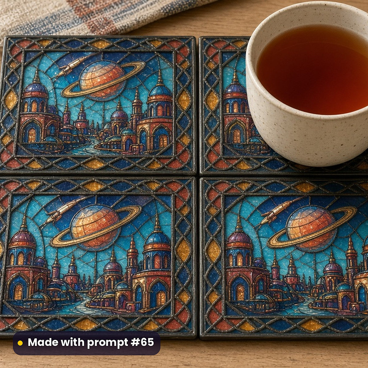 Astronauts and Futuristic Cities stained glass prompt pack: set of UV-printed glass coasters mockup, made with prompt #65