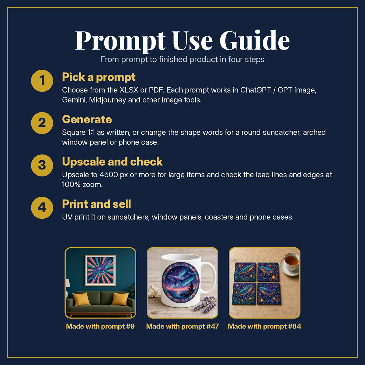 Prompt Use Guide for the Cosmic Whales Stained Glass Prompt Pack: pick a prompt, generate, upscale and check, print and sell, with sample products made with the pack's prompts
