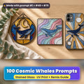 Cosmic Whales stained glass prompt pack: UV-printed suncatcher, coaster and phone case set mockup, made with prompt #1 + #48 + #79