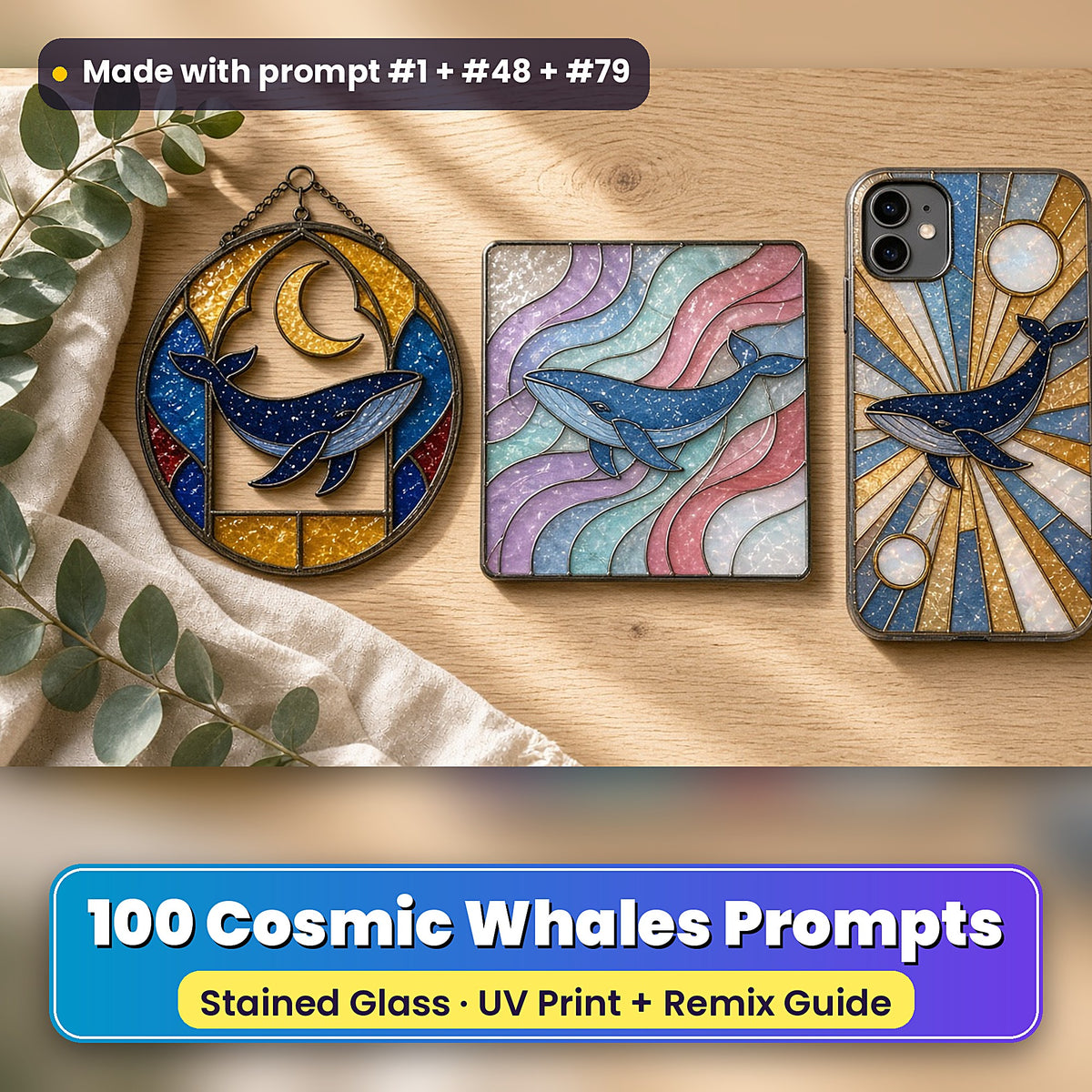 Cosmic Whales stained glass prompt pack: UV-printed suncatcher, coaster and phone case set mockup, made with prompt #1 + #48 + #79