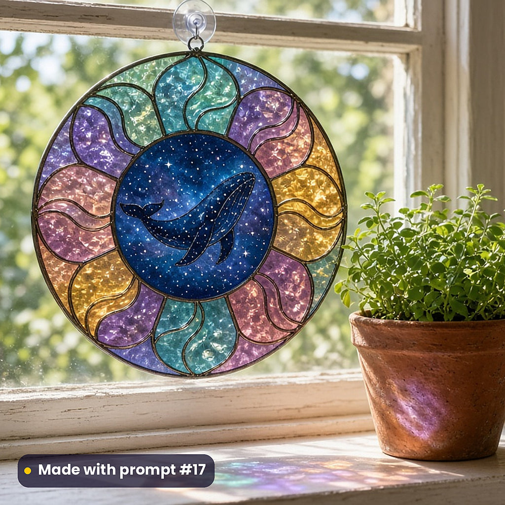 Cosmic Whales stained glass prompt pack: UV-printed acrylic suncatcher in a window mockup, made with prompt #17