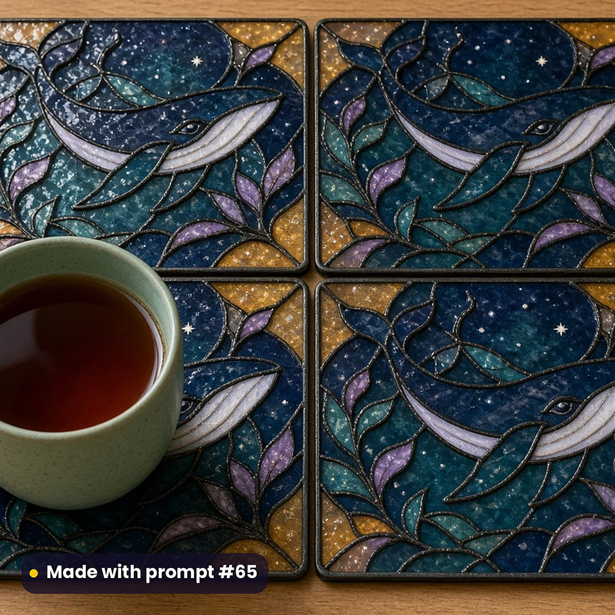 Cosmic Whales stained glass prompt pack: set of UV-printed glass coasters mockup, made with prompt #65