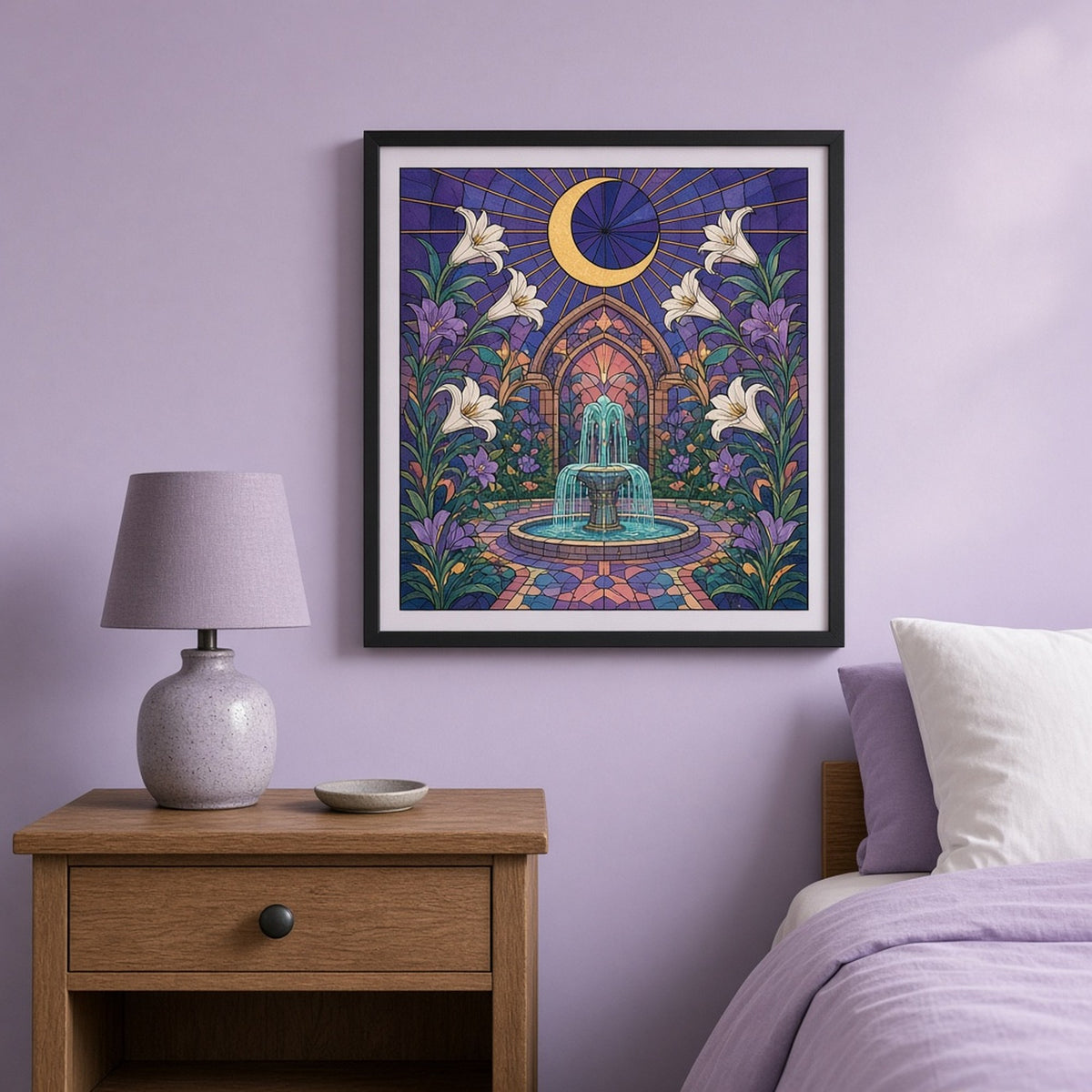 Art Deco stained-glass celestial garden with white lilies, violet irises and a fountain beneath a crescent moon and star rays shown as a flat framed print above a bedside table, made with prompt #9