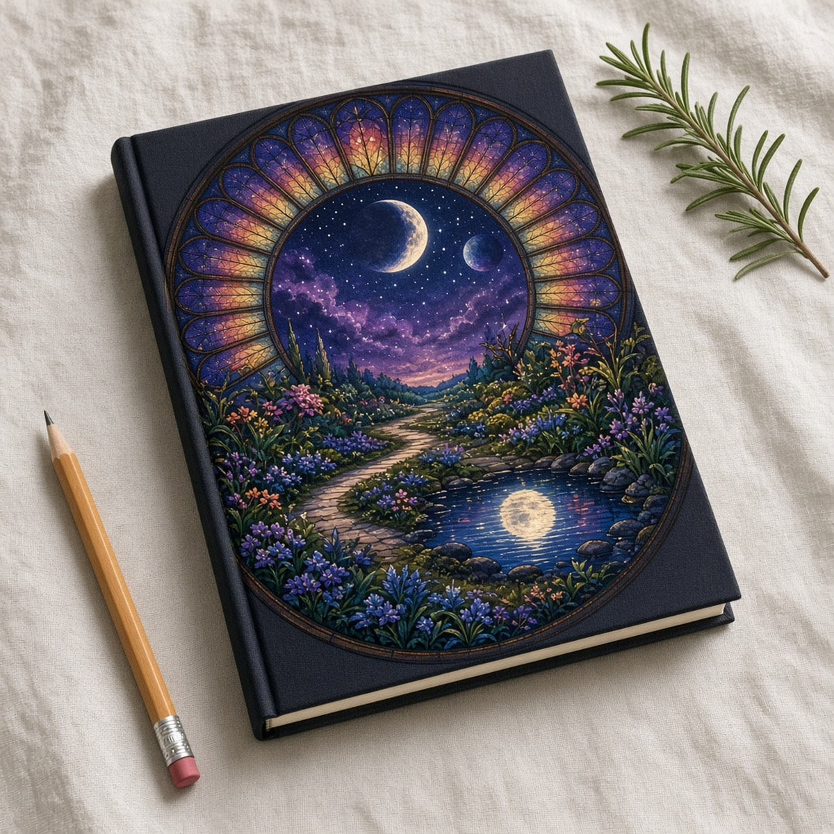 Rose-window stained-glass night garden path through blue and violet flowers to a moonlit pond under crescent moons and stars printed flat on a notebook cover, made with prompt #47
