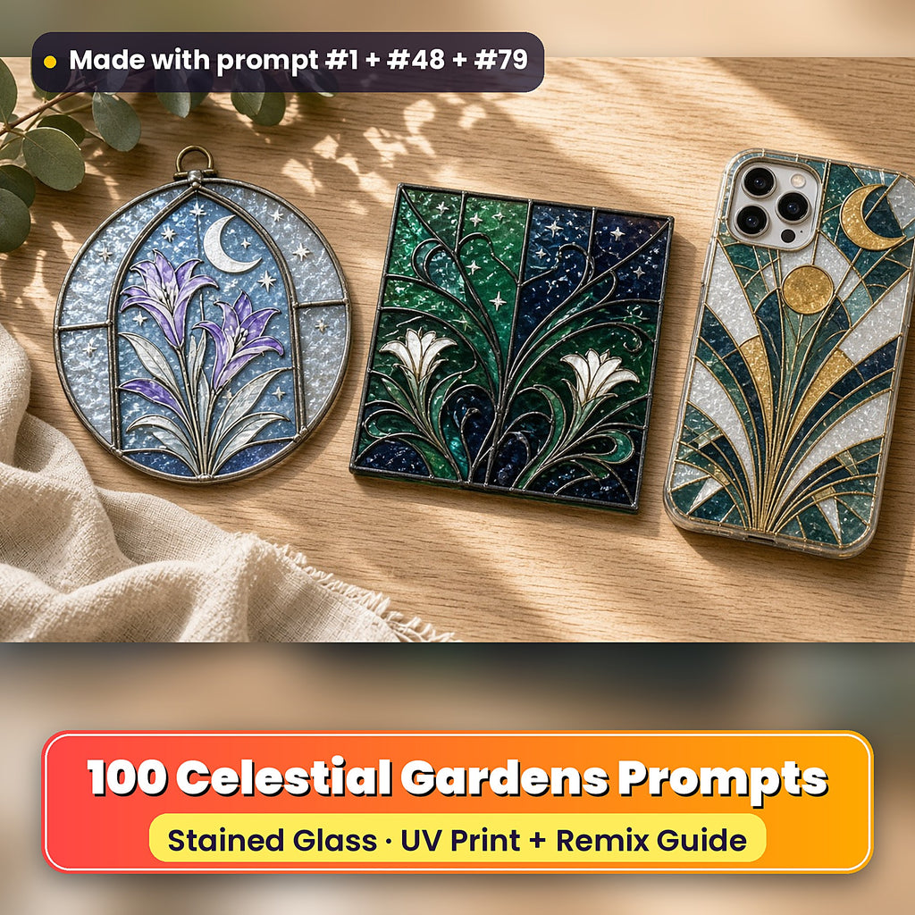 Celestial Gardens stained glass prompt pack: UV-printed suncatcher, coaster and phone case set mockup, made with prompt #1 + #48 + #79