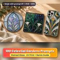 Celestial Gardens stained glass prompt pack: UV-printed suncatcher, coaster and phone case set mockup, made with prompt #1 + #48 + #79