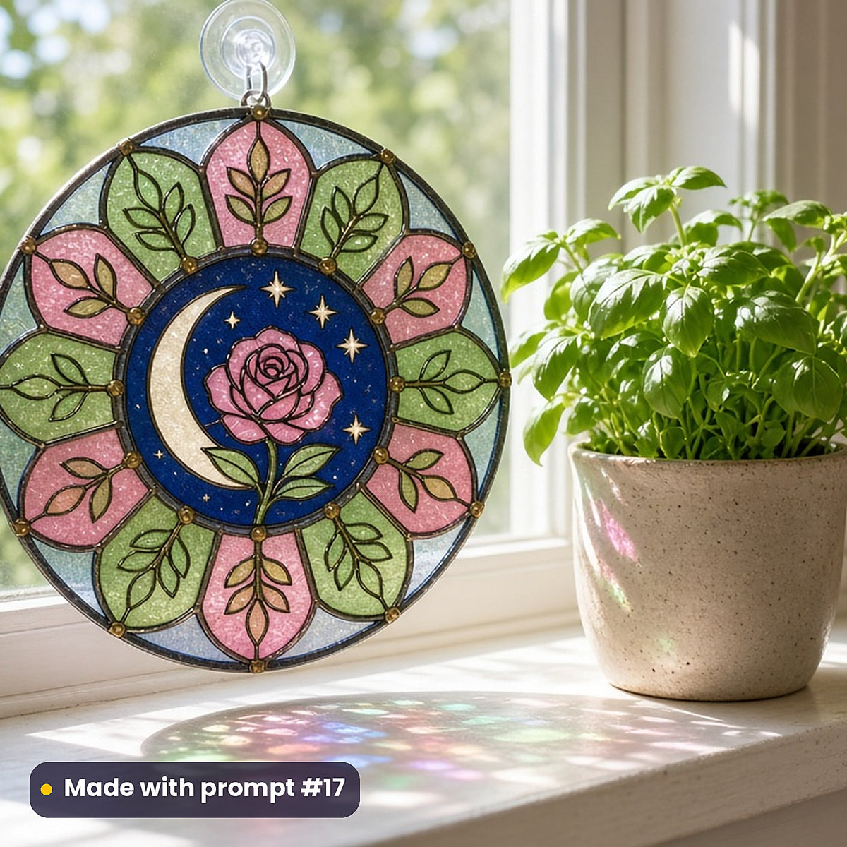 Celestial Gardens stained glass prompt pack: UV-printed acrylic suncatcher in a window mockup, made with prompt #17
