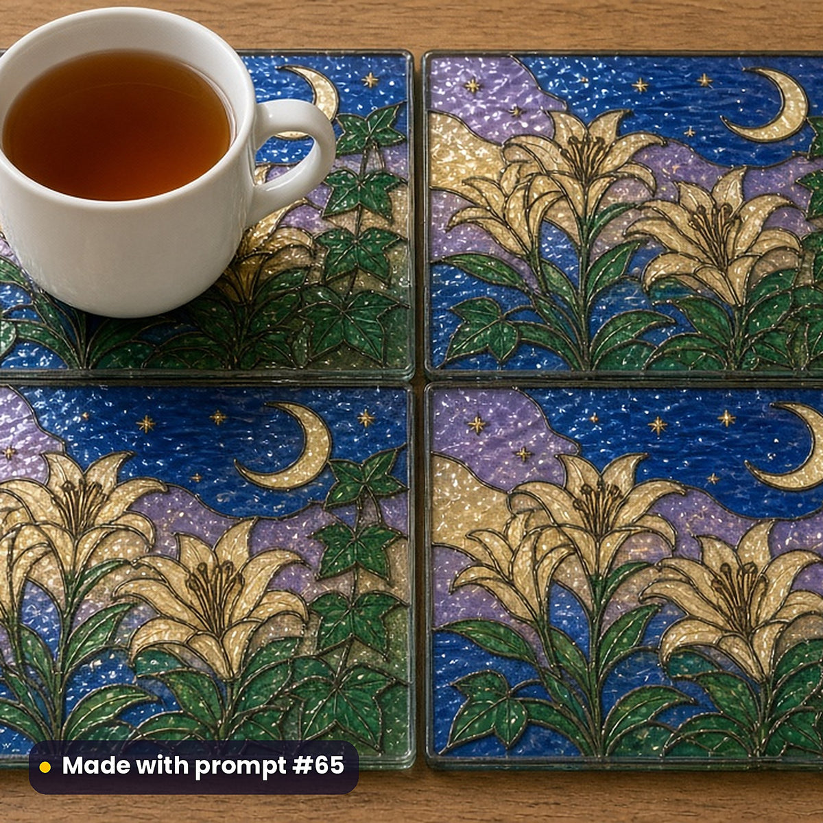 Celestial Gardens stained glass prompt pack: set of UV-printed glass coasters mockup, made with prompt #65