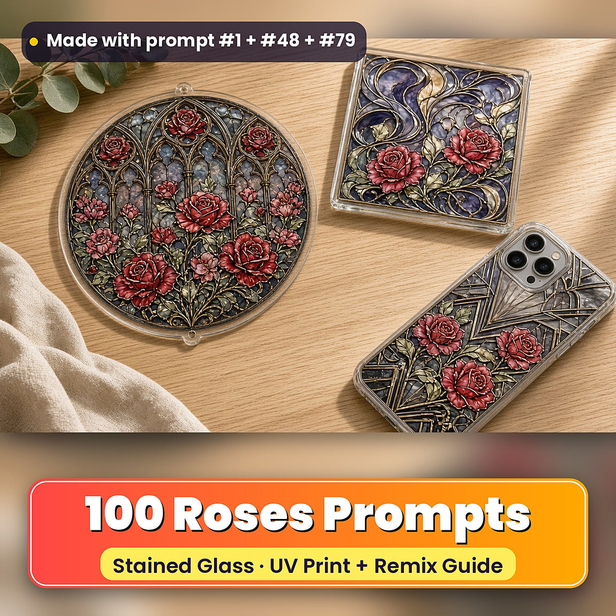Roses stained glass prompt pack: UV-printed suncatcher, coaster and phone case set mockup, made with prompt #1 + #48 + #79