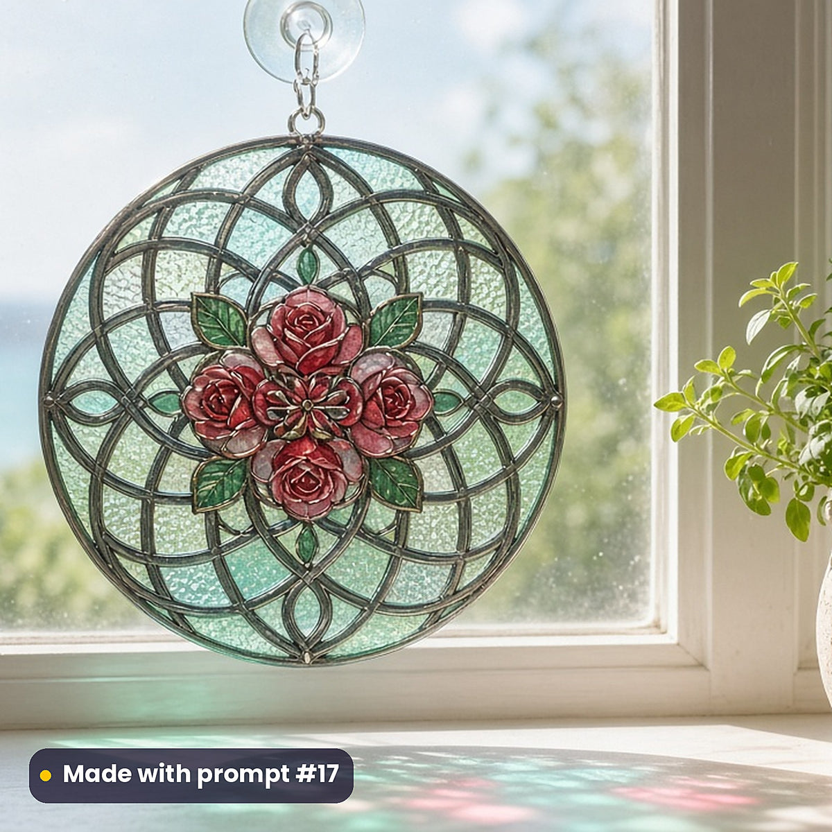 Roses stained glass prompt pack: UV-printed acrylic suncatcher in a window mockup, made with prompt #17
