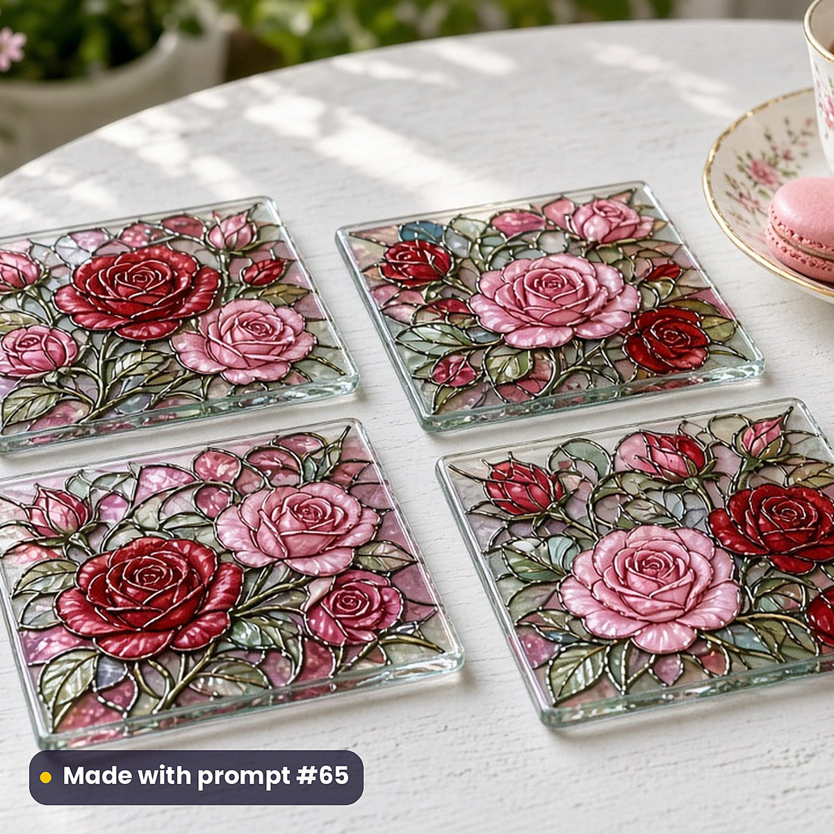 Roses stained glass prompt pack: set of UV-printed glass coasters mockup, made with prompt #65