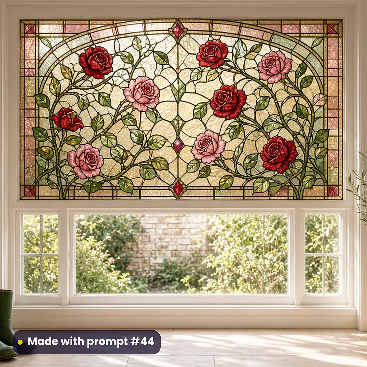 Roses stained glass prompt pack: faux stained glass window panel mockup, made with prompt #44