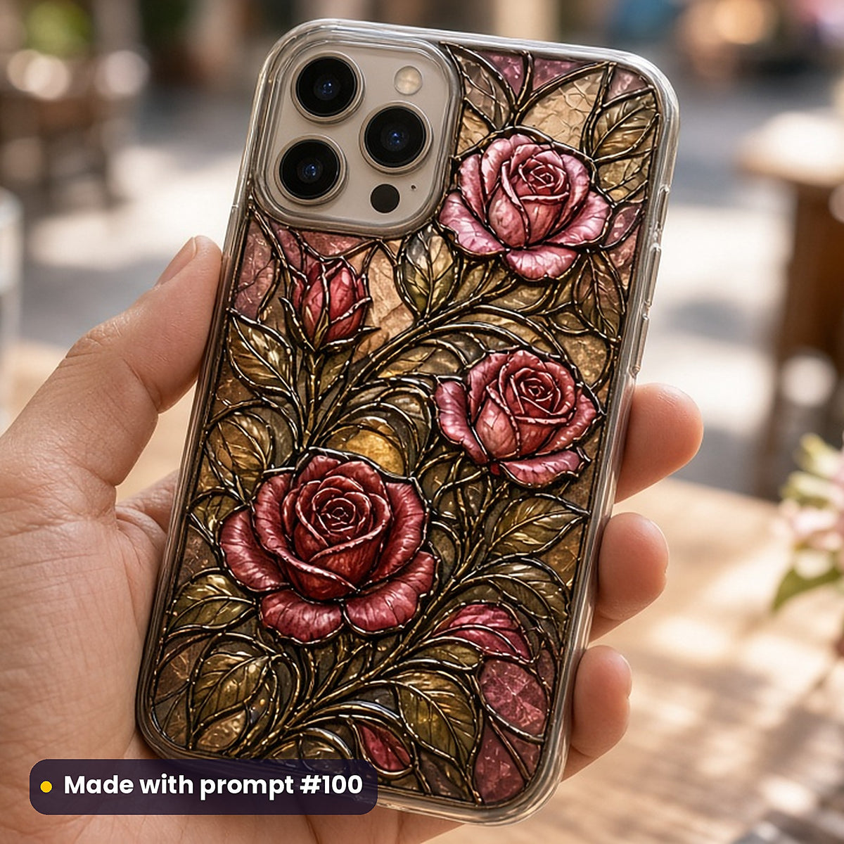 Roses stained glass prompt pack: UV-printed phone case mockup, made with prompt #100