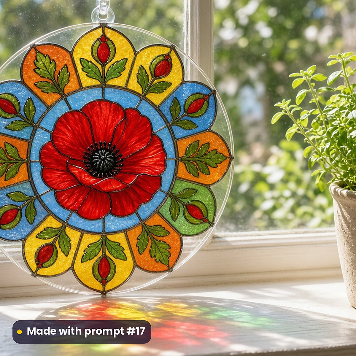 Poppies stained glass prompt pack: UV-printed acrylic suncatcher in a window mockup, made with prompt #17