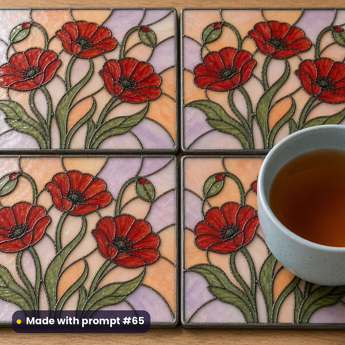 Poppies stained glass prompt pack: set of UV-printed glass coasters mockup, made with prompt #65