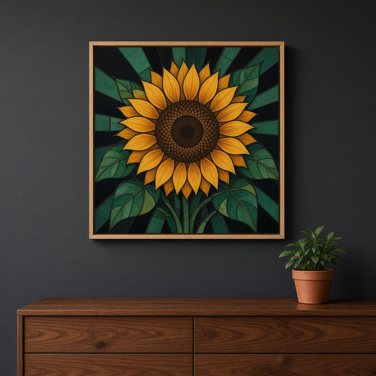 Sunflowers printed flat on a framed print, made with prompt #9: a single large sunflower with jade leaves against black and jade Art Deco rays