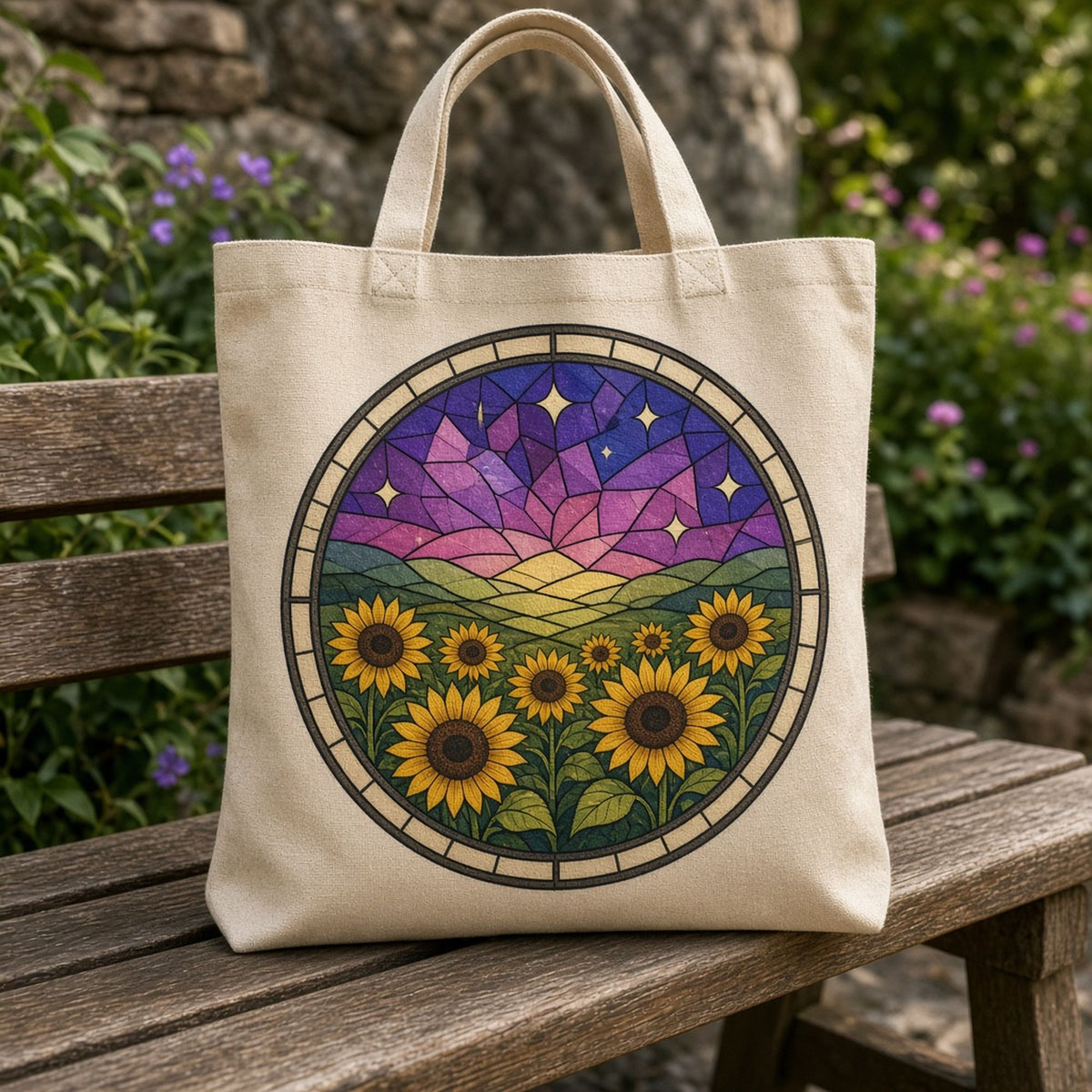 Sunflowers printed flat on a tote bag, made with prompt #47: a field of sunflowers before green hills under an angular violet and magenta glass night sky with stars, in a rose-window ring