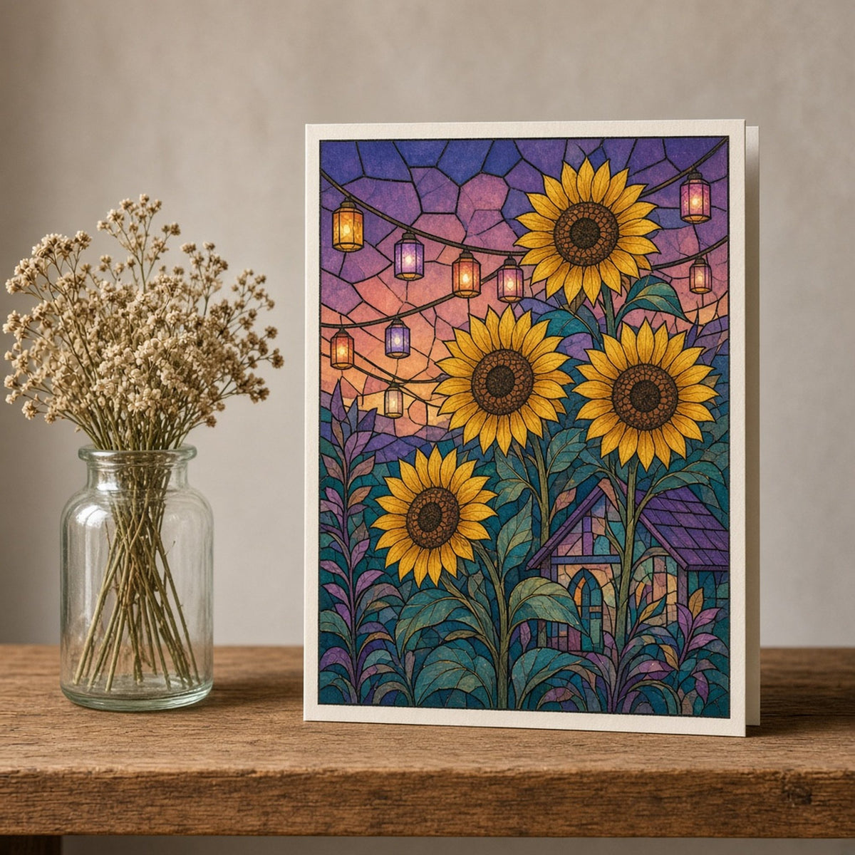 Sunflowers printed flat on a greeting card, made with prompt #84: tall sunflowers beside a cottage under strings of glowing lanterns in a violet and peach dusk sky