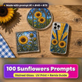 Sunflowers stained glass prompt pack: UV-printed suncatcher, coaster and phone case set mockup, made with prompt #1 + #48 + #79