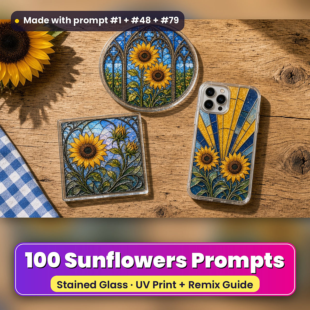 Sunflowers stained glass prompt pack: UV-printed suncatcher, coaster and phone case set mockup, made with prompt #1 + #48 + #79